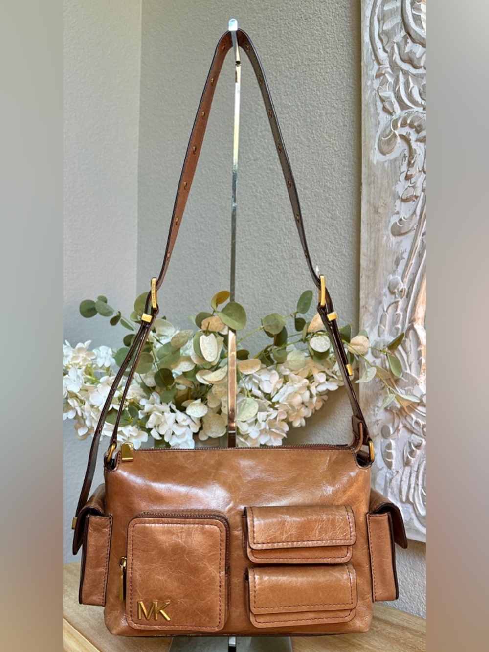 Michael Kors Brown Leather Cargo Shoulder Bag Multi Pocket Gold Hardware NWOT